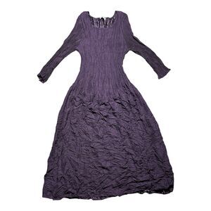 NWT Alquema Hand Made Pleated Crinkle Pocket Dress Purple Women 0 Midi 3/4 Sleev